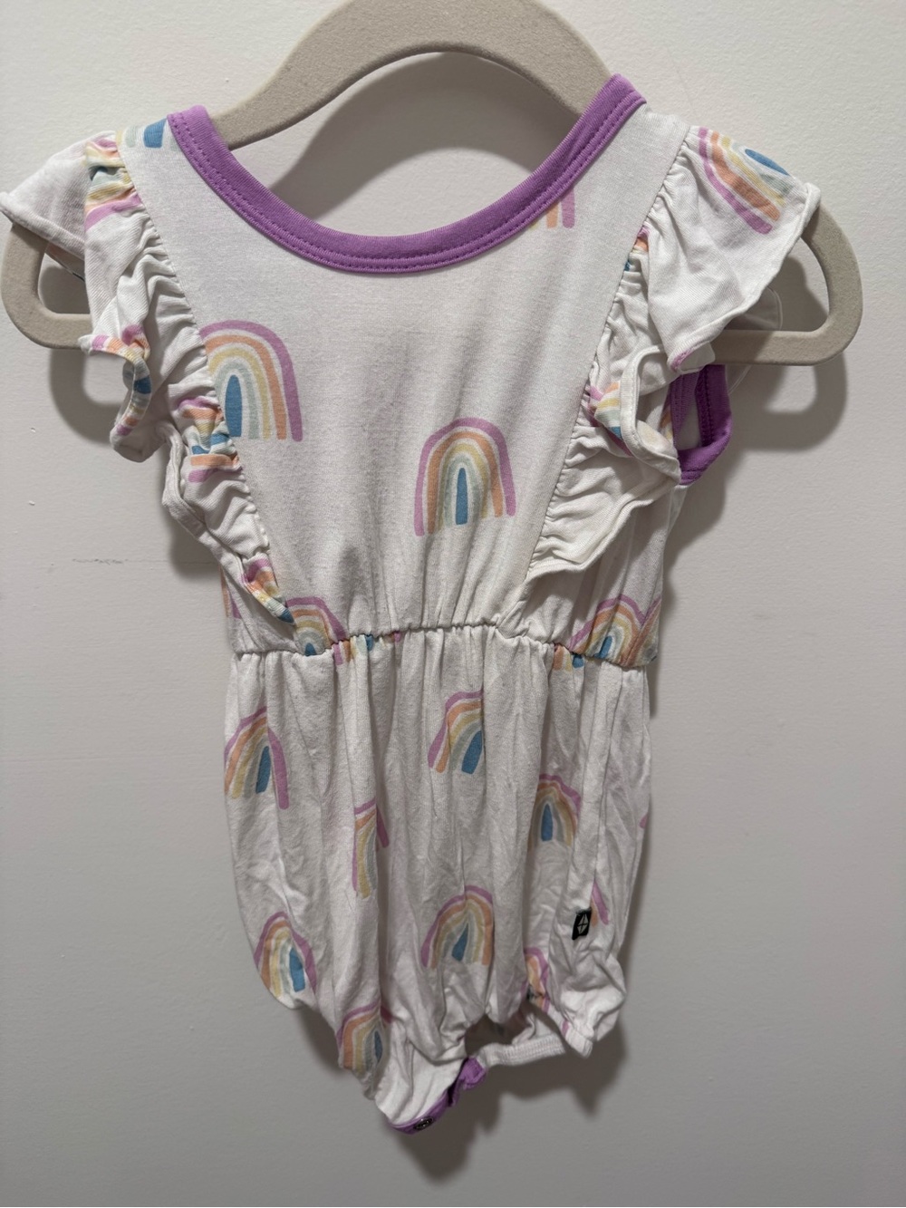 Kyte BABY White Rainbow Print One-Piece with Purple Trim